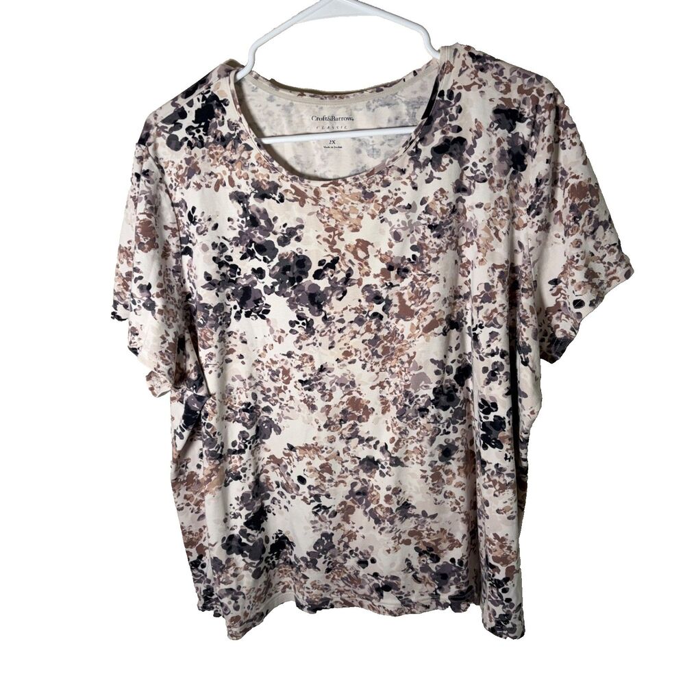 Croft & Barrow T-Shirt Women's 2X Classic Tee Printed Brown Round Neck Shirt